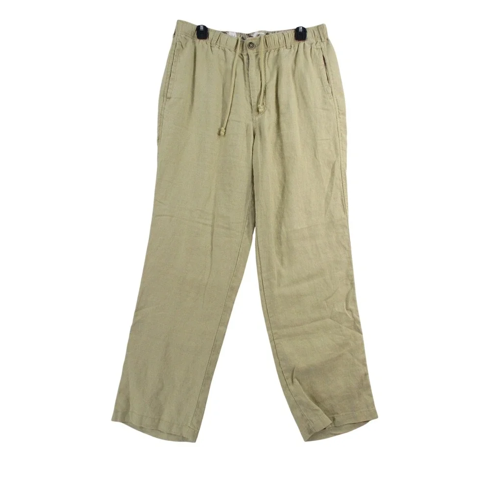 Mens Khaki Tan Linen Blend Elastic Waist Drawstring Straight Leg Pants L